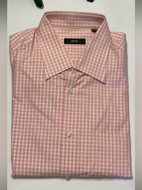 BOSS Pink and White Checked Dress Shirt